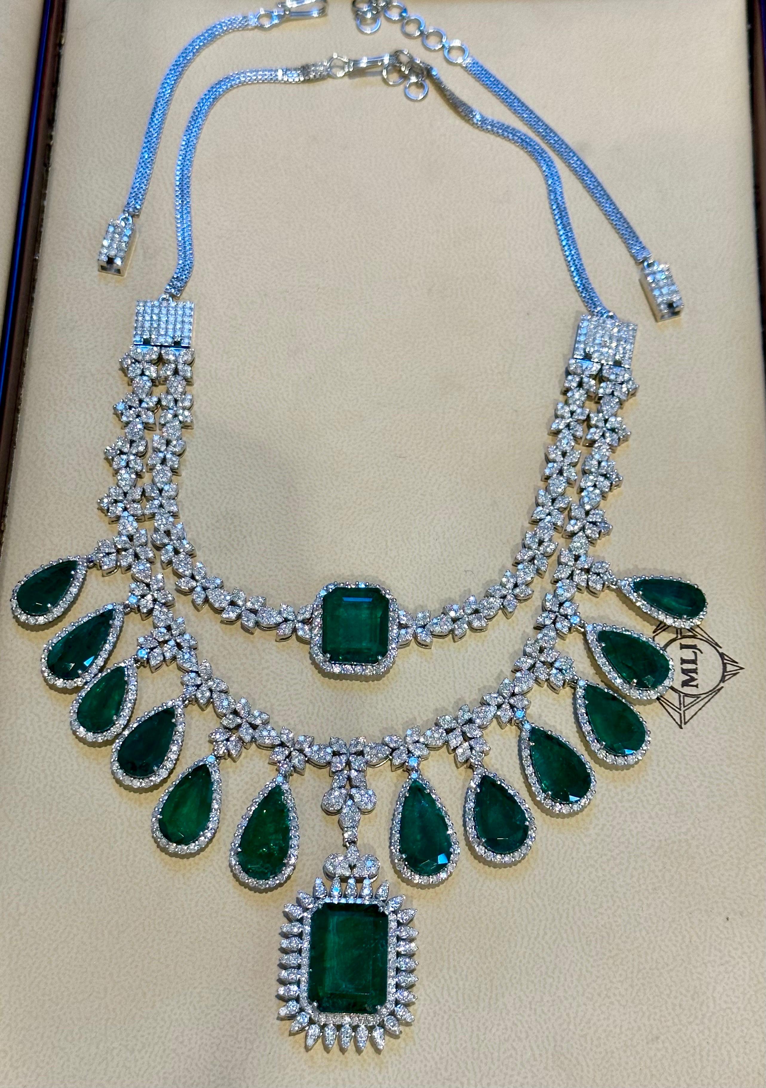 Women's 80 Ct solitaire Zambian Emerald & 25Ct Diamond Fringe Necklace detachable layers