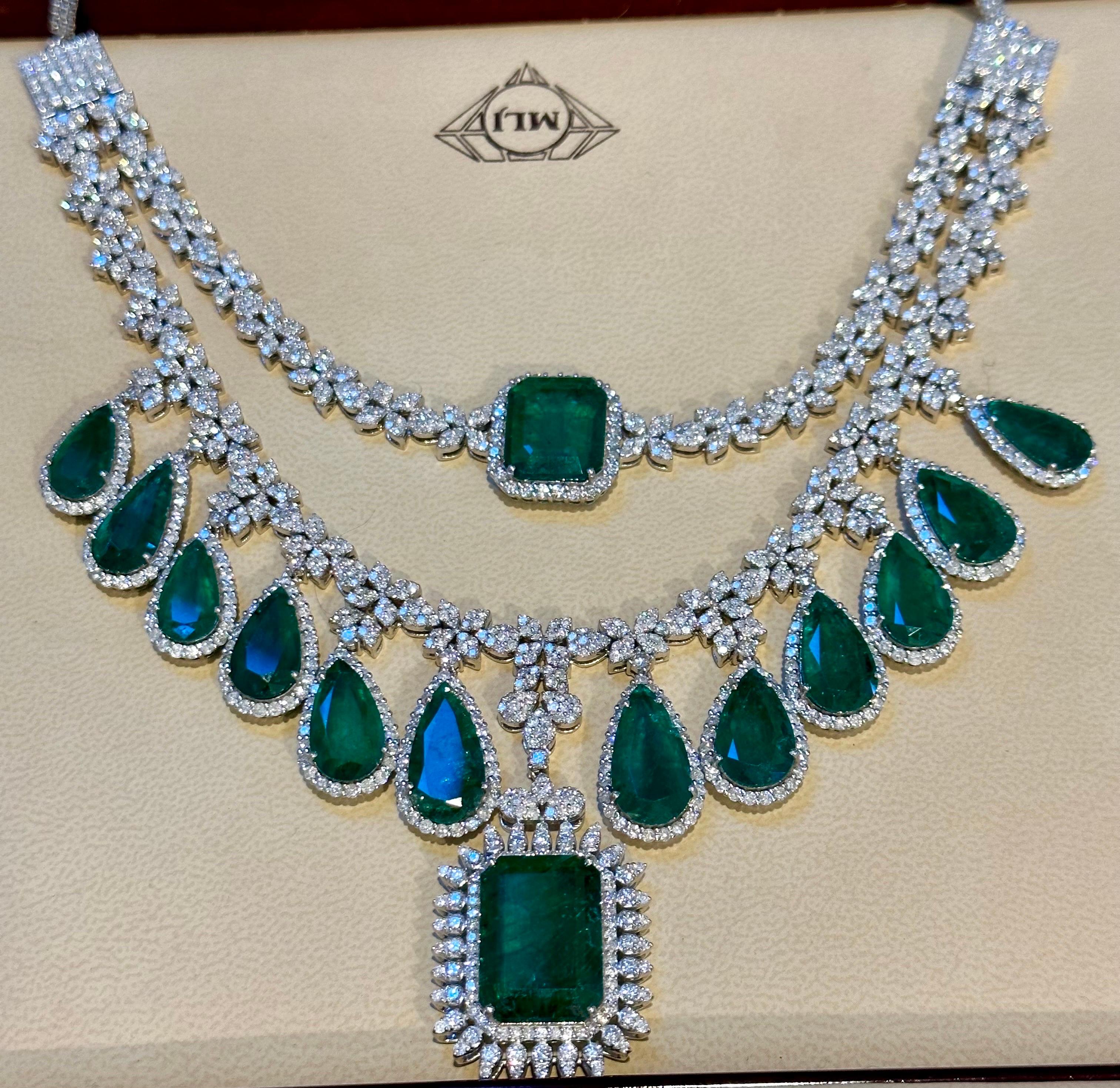 80 Ct solitaire Zambian Emerald & 25Ct Diamond Fringe Necklace detachable layers 2