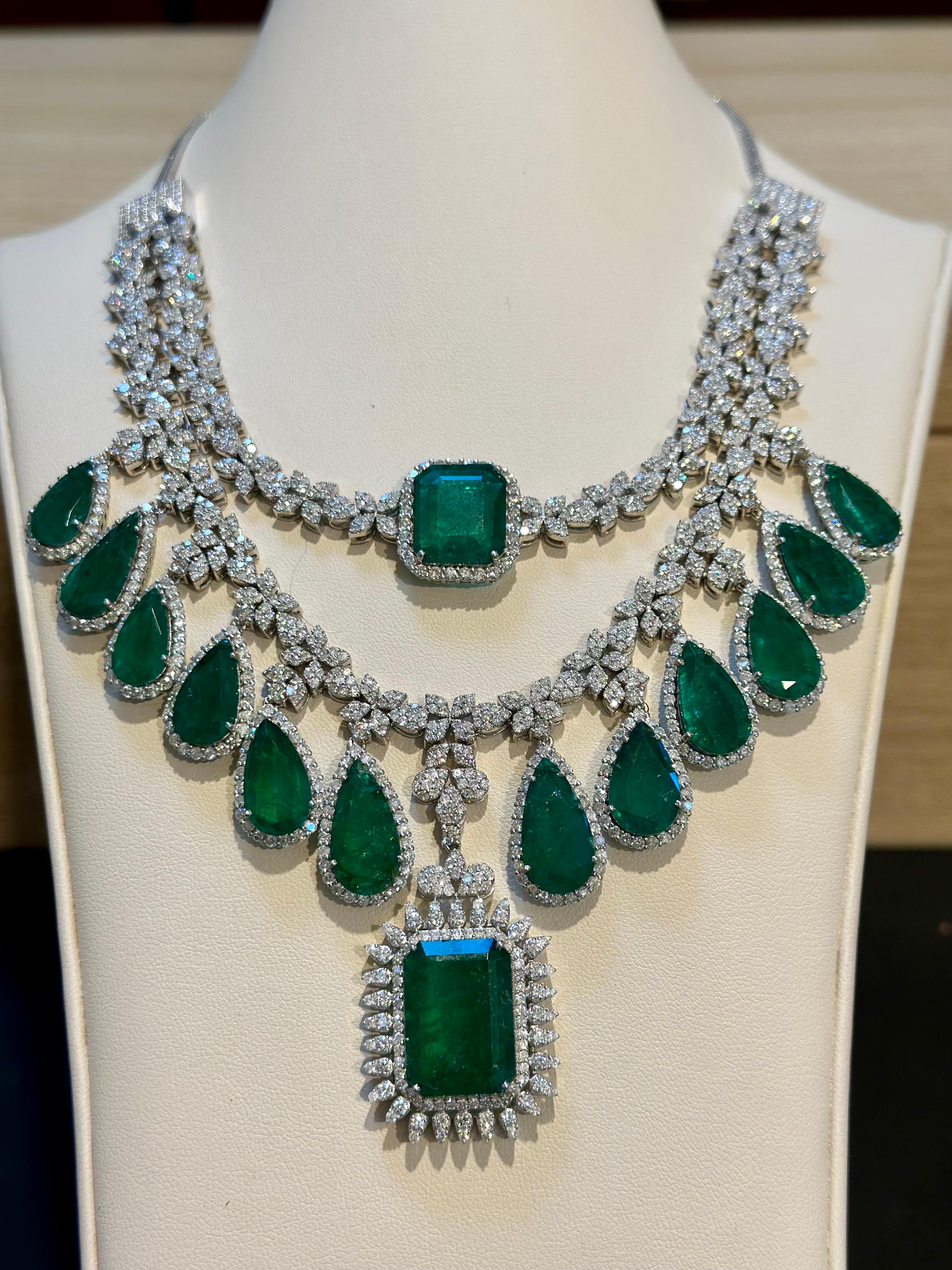 80 Ct solitaire Zambian Emerald & 25Ct Diamond Fringe Necklace detachable layers 3