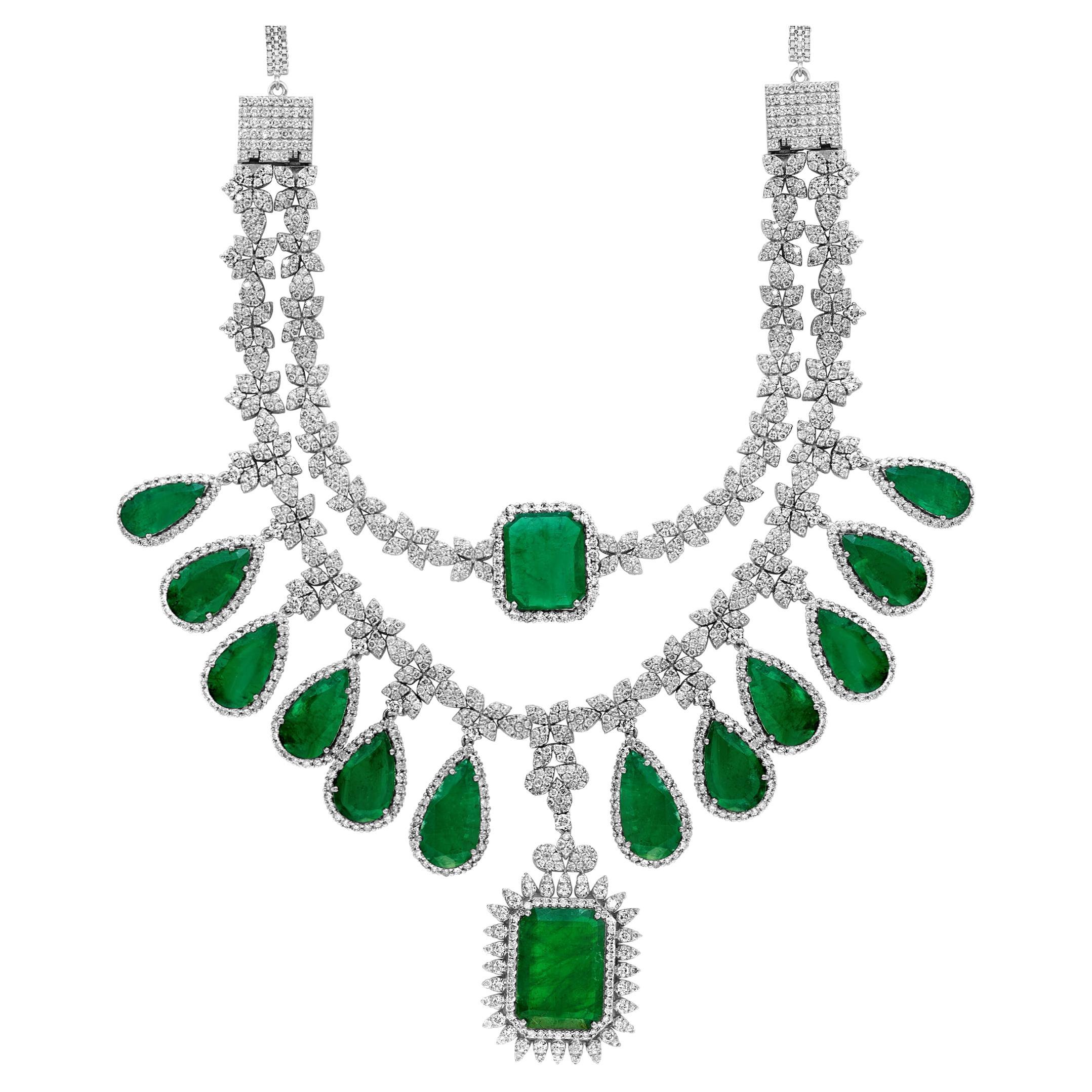 80 Ct solitaire Zambian Emerald & 25Ct Diamond Fringe Necklace detachable layers