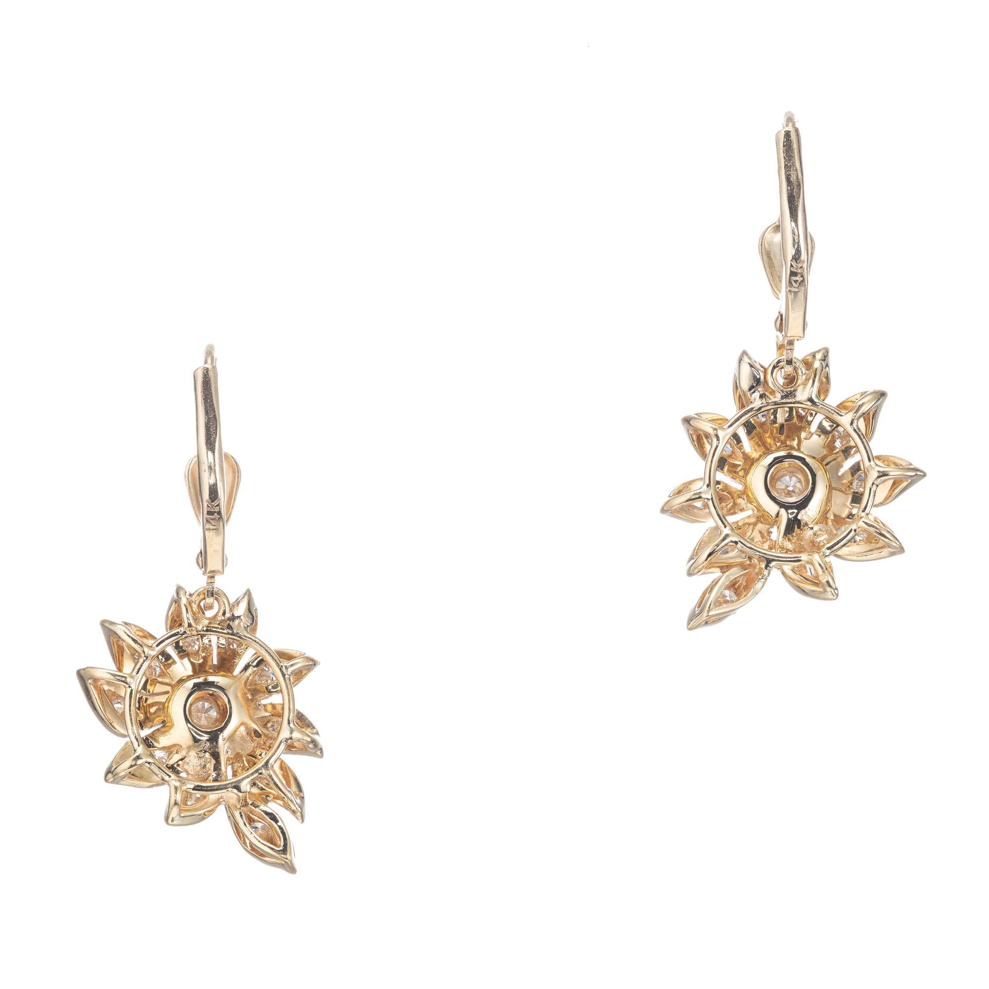 Round Cut .80 Diamond Flower Yellow Gold Dangle Earrings