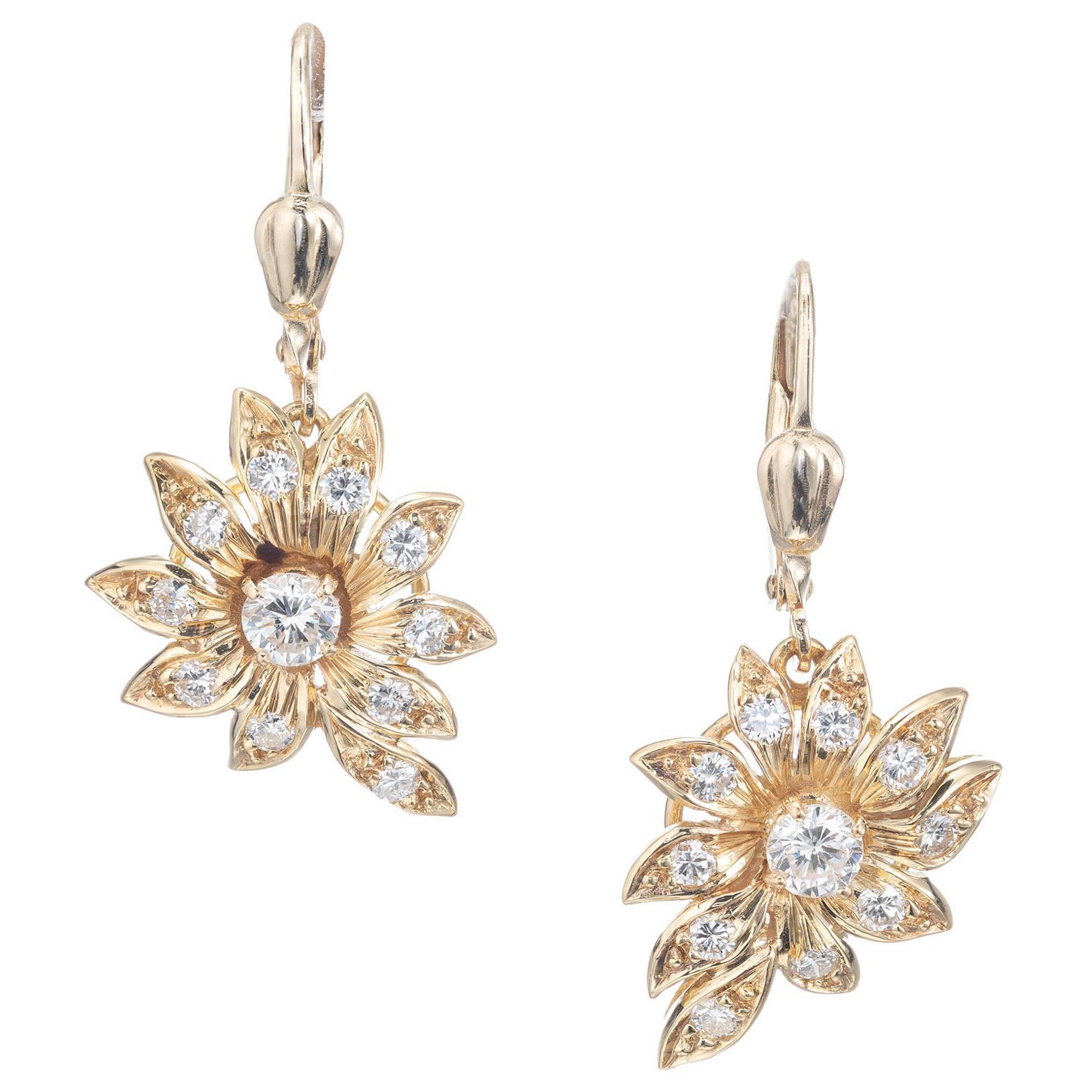 .80 Diamond Flower Yellow Gold Dangle Earrings For Sale at 1stDibs