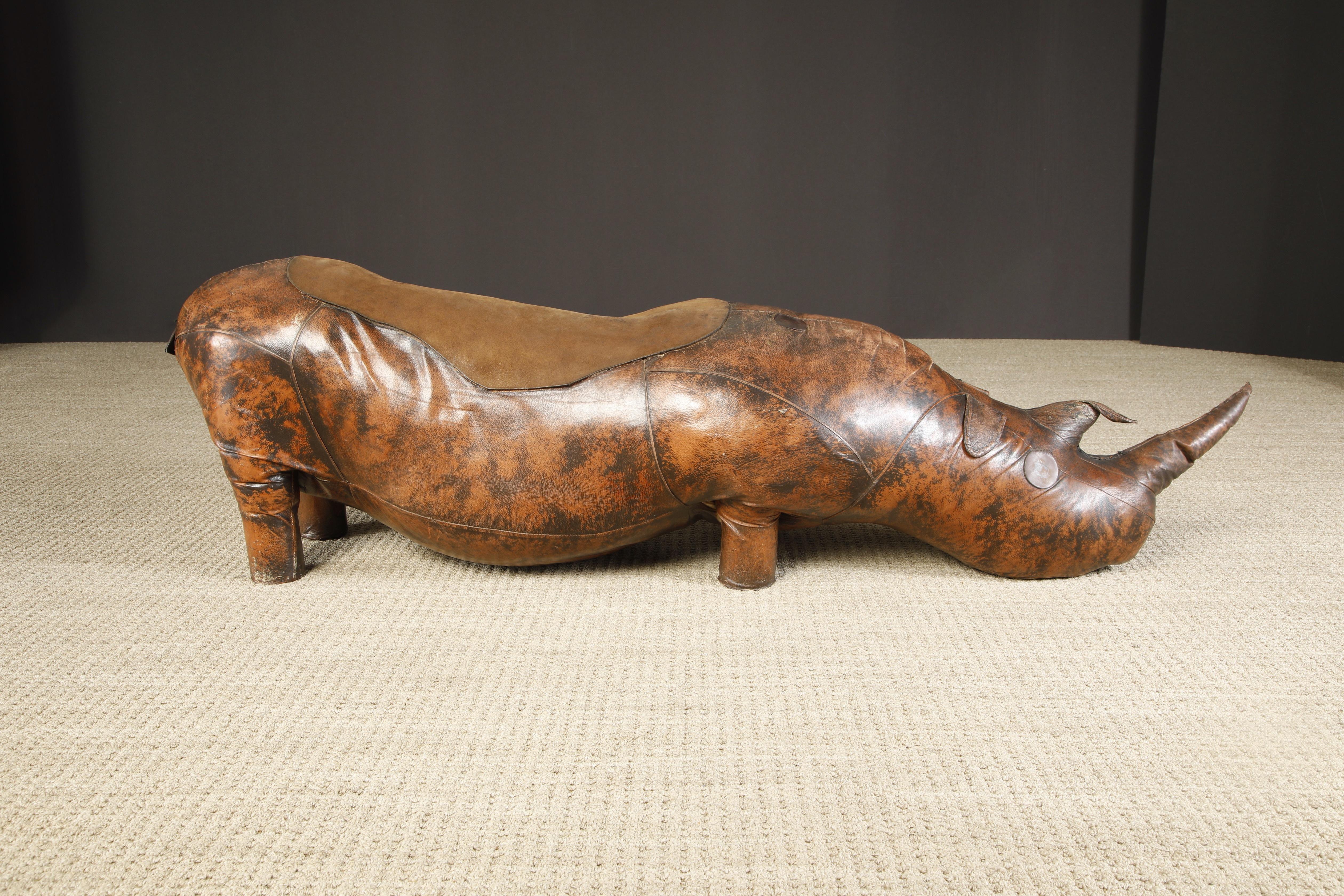 A rare vintage monumentally sized 80 inch long 'Superking' rhinoceros footstool by Valenti, Spain, circa 1970s. This example is signed with the 'Valenti Made in Spain' stamp on its underside. Similar to leather animal designs by Dimitri Omersa for