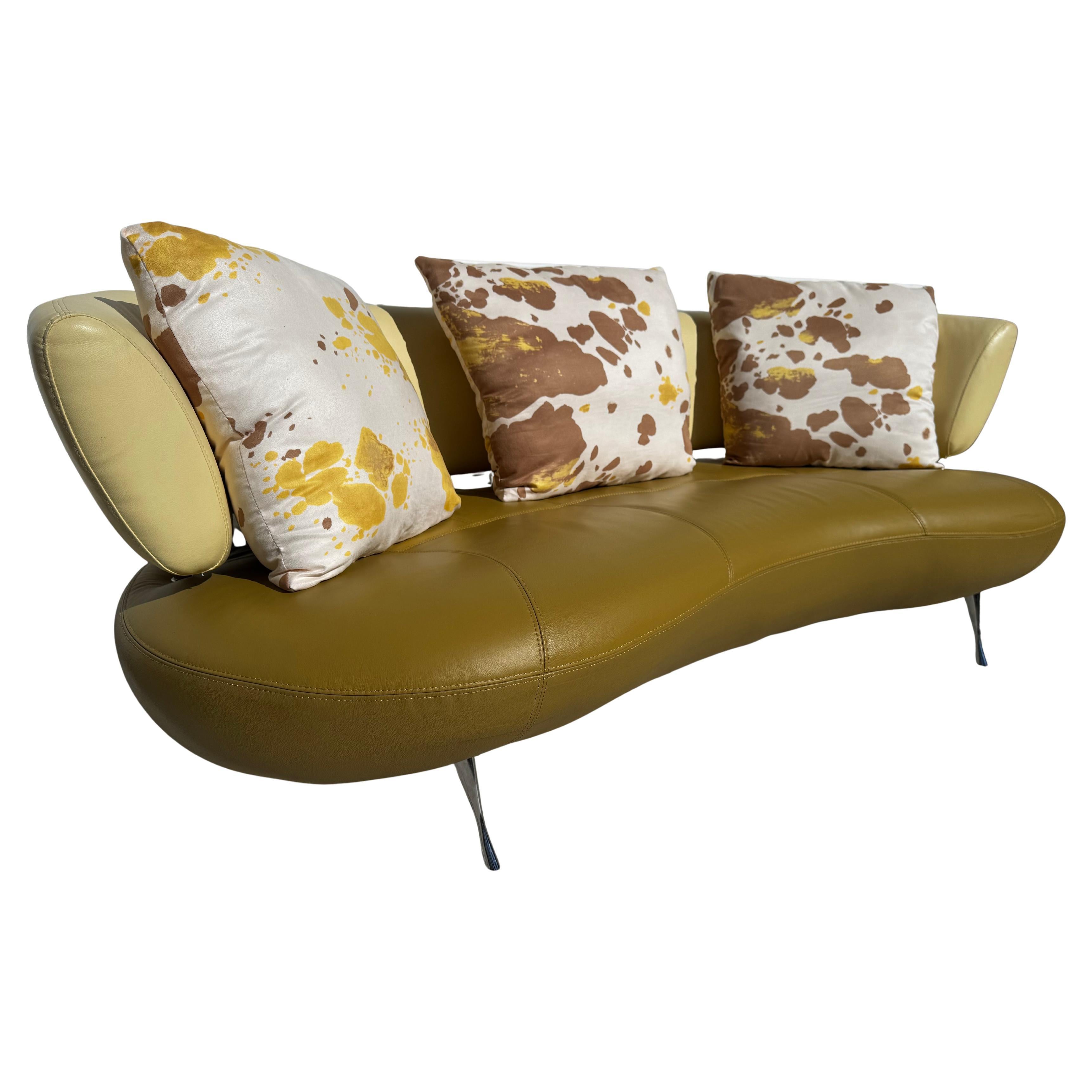 80" Leolux Kikko Style Biomorphic Shaped Leather Sofa