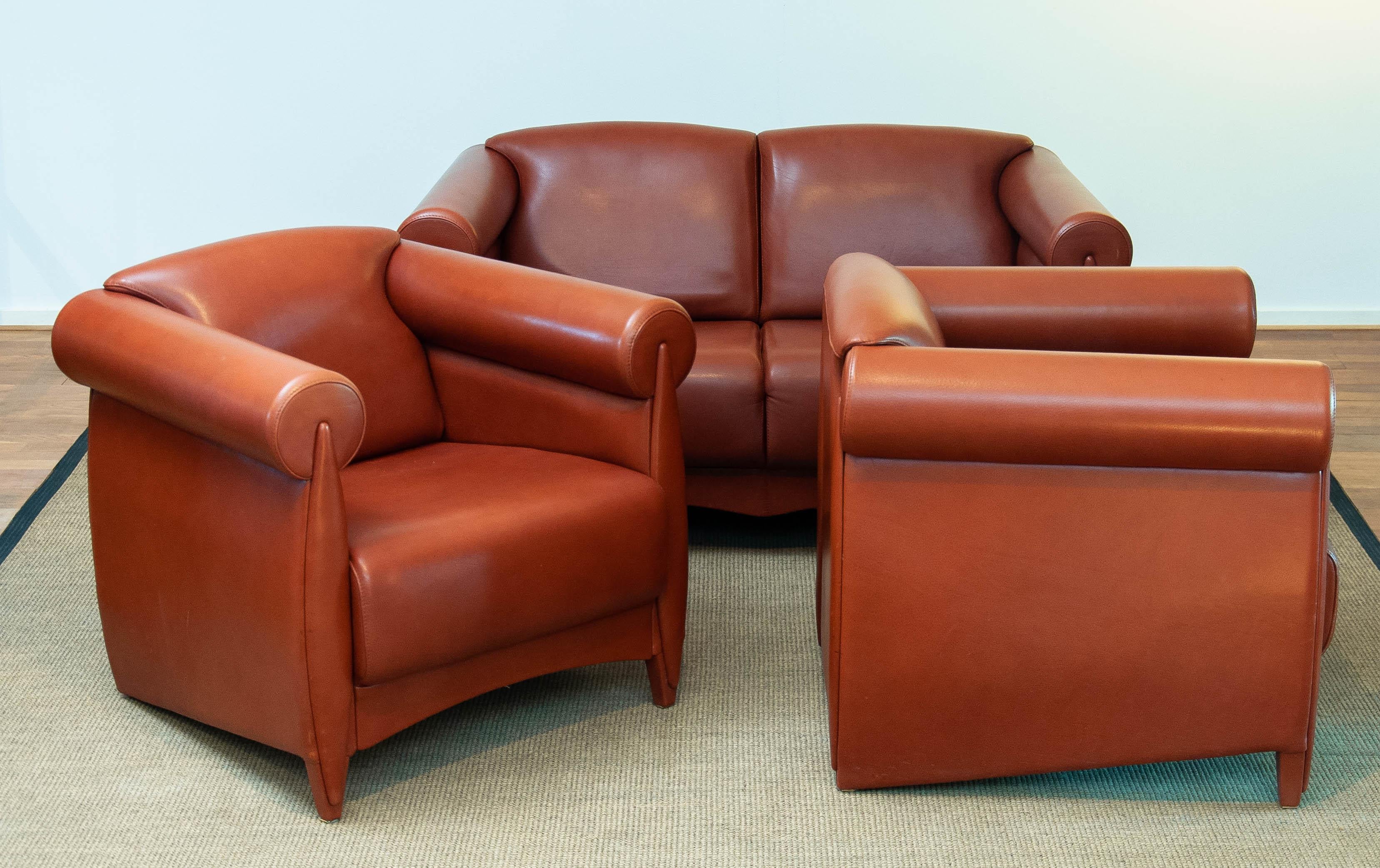 Late 20th Century '80 Modern Art Deco Seating Group in Cognac Leather by Klaus Wettergren Denmark  For Sale