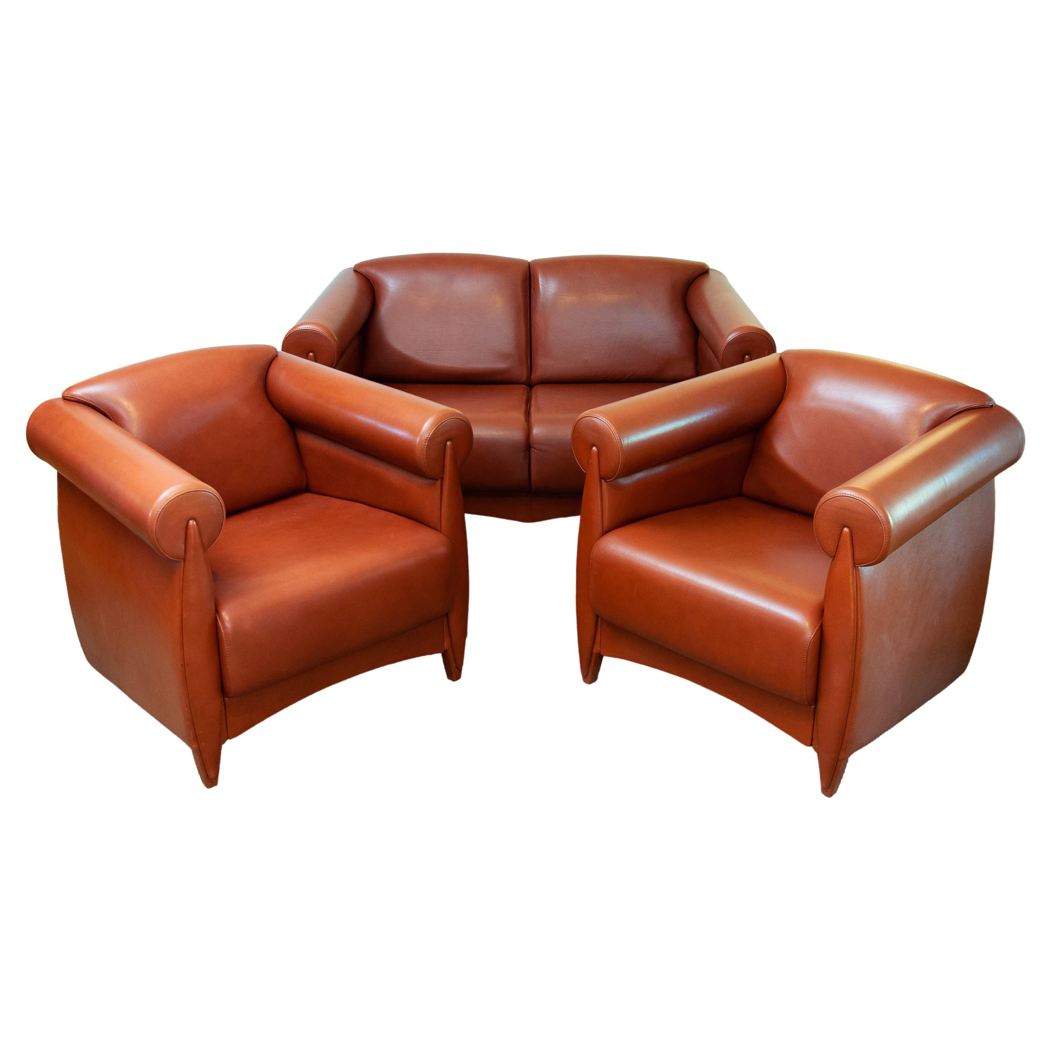 The Moderns Modern Deco Seating Group in Cognac Leather by Klaus Wettergren Denmark (Groupe de sièges art déco modernes 80 en cuir cognac) 