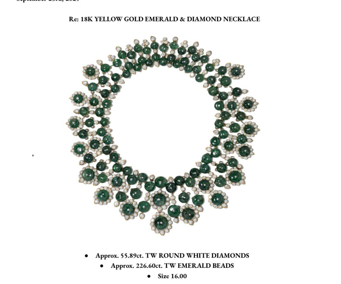 Magnífico  Collar de esmeraldas de los años 80 en oro amarillo de 18 quilates 
- con cuentas de esmeralda colombiana de 226,60 ct 
-y 55,89ct de diamantes blancos redondos naturales color marquesa F-H
 -Peso total pieza incluyendo gemas