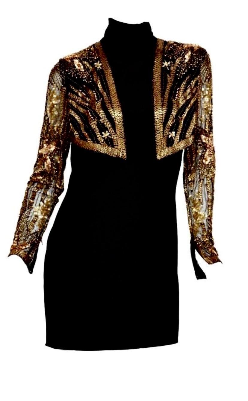 80-s Bob Mackie Beaded Bolero Dress
Details:
Color: Black/Gold
Size 6
Bodice: 100% Nylon
Bottom : 66% Acetate, 34% Rayon
Condition: Excellent