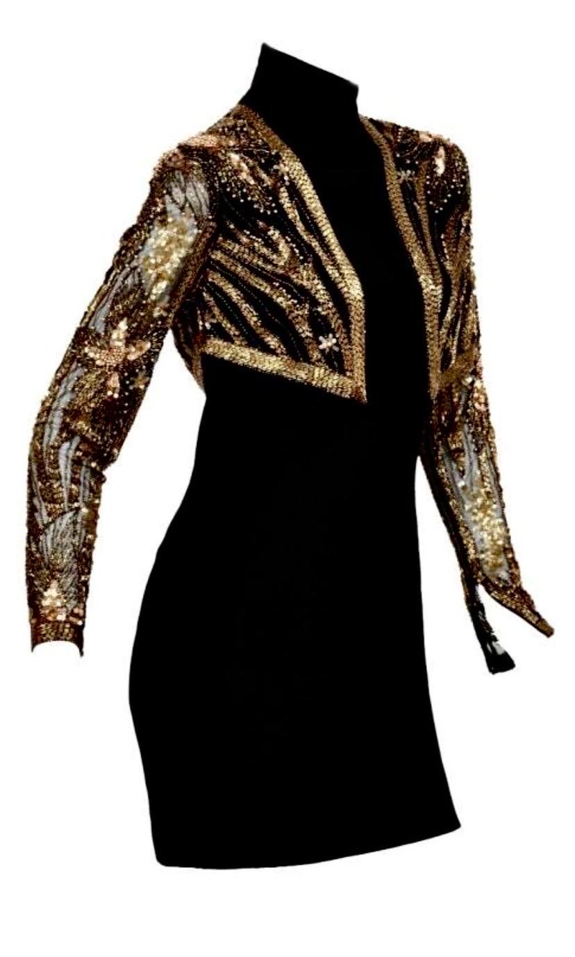 Women's 80-s Vintage Bob Mackie Black Beaded Bolero Dress Size 6 For Sale