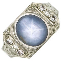 Retro 8.00 Carat 18 Karat White Gold Star Sapphire Diamond Men's Fraternity Ring