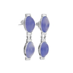 8.00 Carat Blue Chalcedony Baguette Diamond Platinum Hinged Dangle Earrings