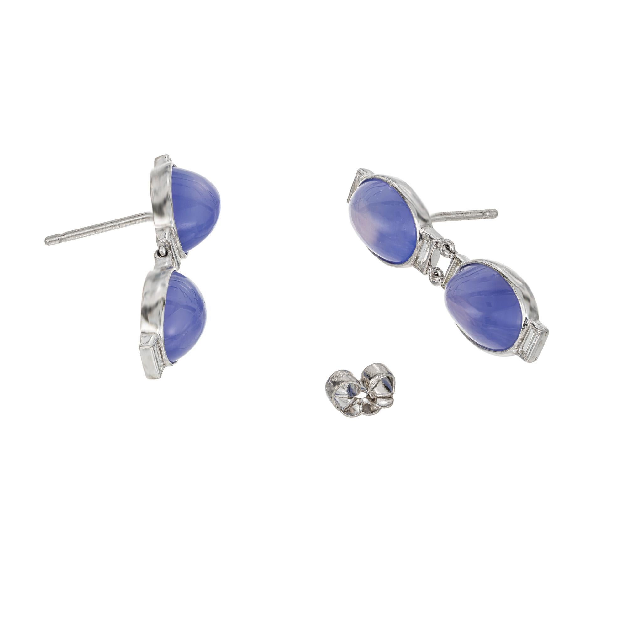 Cabochon 8.00 Carat Blue Chalcedony Baguette Diamond Platinum Hinged Dangle Earrings For Sale
