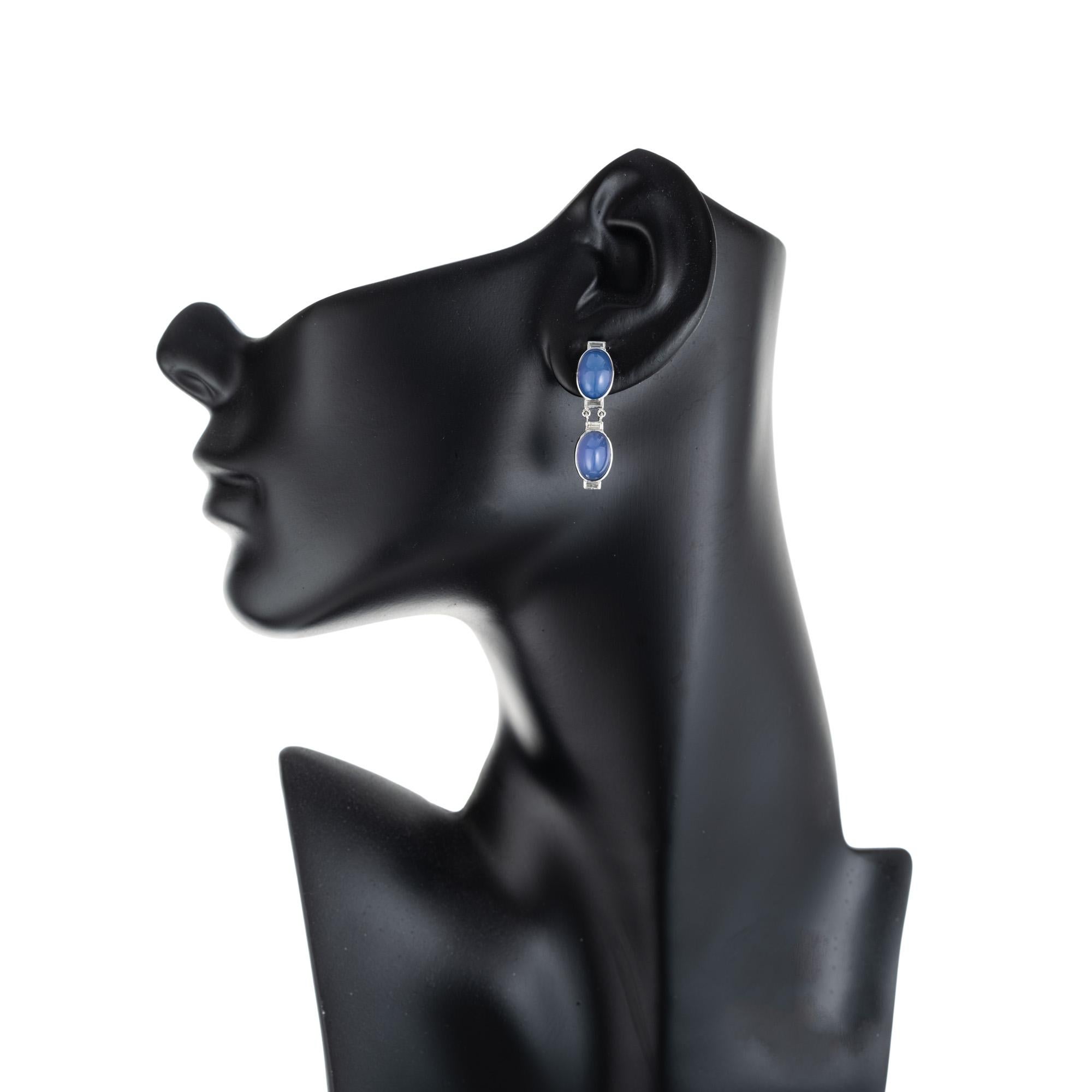 8.00 Carat Blue Chalcedony Baguette Diamond Platinum Hinged Dangle Earrings For Sale 1