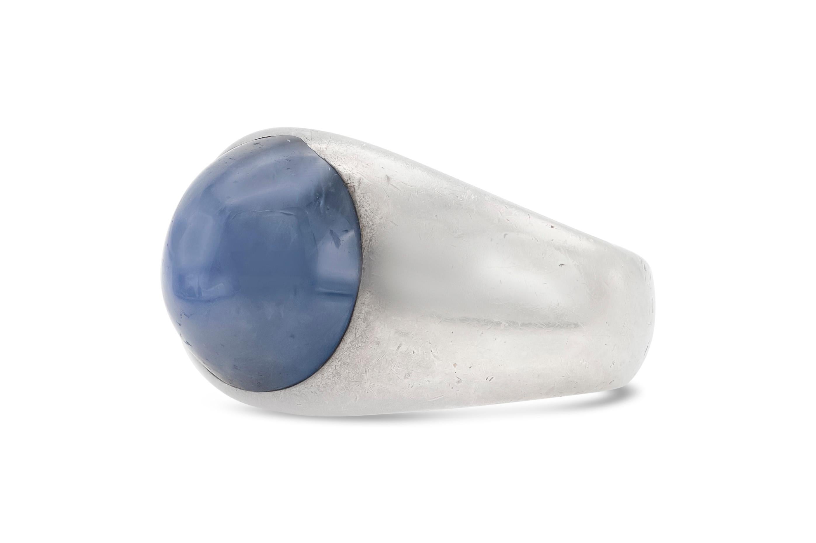 Finely crafted in platinum with a 8.00 carat Cabochon Sapphire.
Size 6 3/4, resizable.