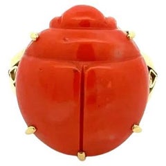 8.00 Carat Carved Red Coral Scarab Beetle Gold Vintage Solitaire Ring