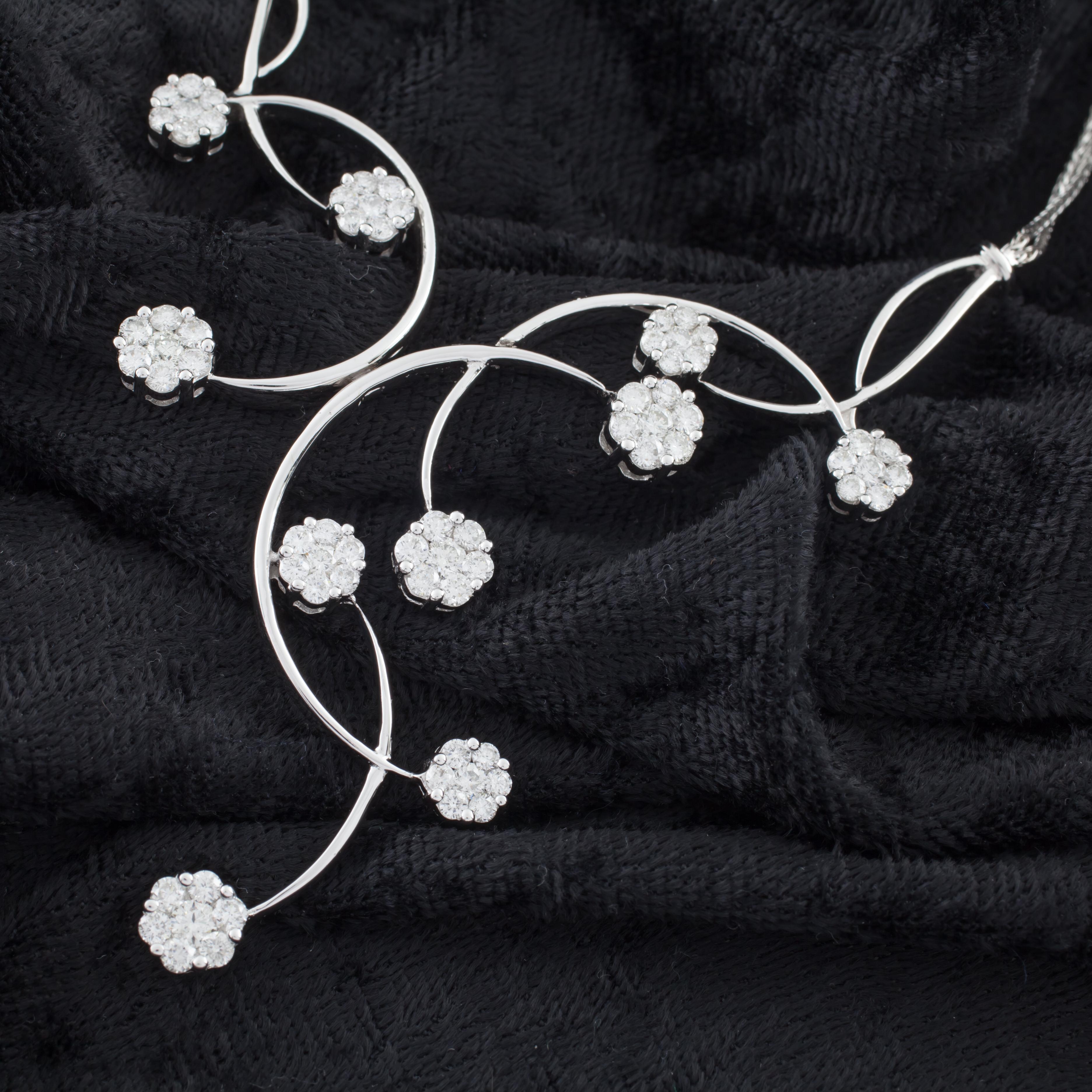 8.00 Carat Diamond Floral Blossom 14 Karat White Gold Statement Drop Necklace For Sale 1