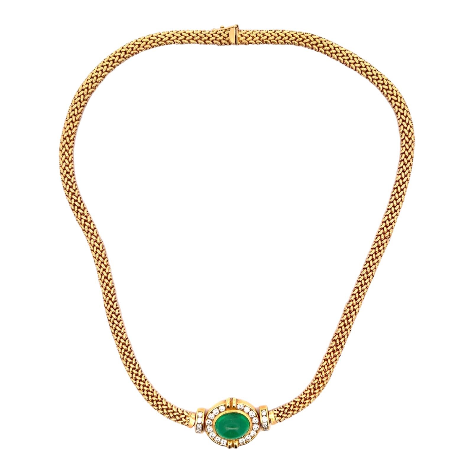 Cabochon 8.00 Carat Emerald Diamond 18 Karat Yellow Gold Pendant Link Estate Necklace