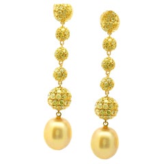 8.00 Carat Fancy Yellow Pave Diamond Ball 18k Yellow Gold 3D Ball Dangle Earring