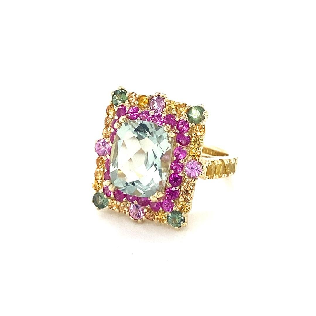 Contemporary 8.00 Carat Green Amethyst Multi-Color Sapphires Yellow Gold Cocktail Ring For Sale