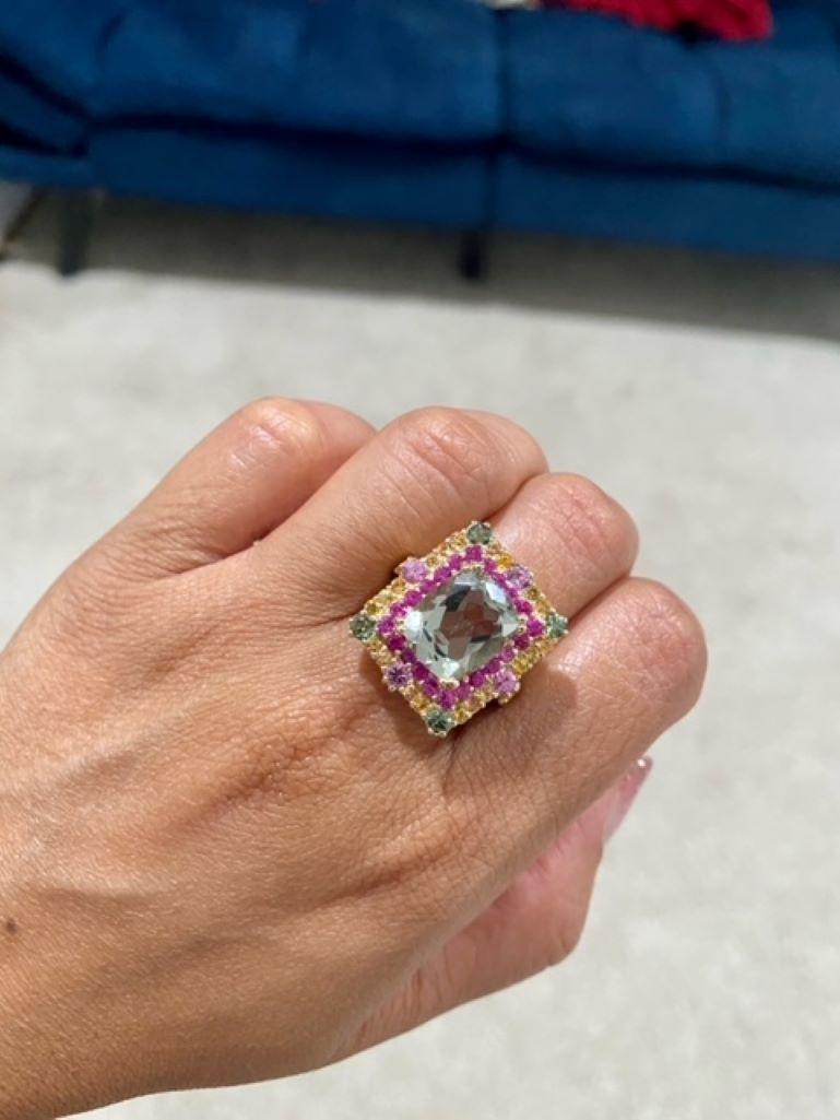 8.00 Carat Green Amethyst Multi-Color Sapphires Yellow Gold Cocktail Ring In New Condition For Sale In Los Angeles, CA