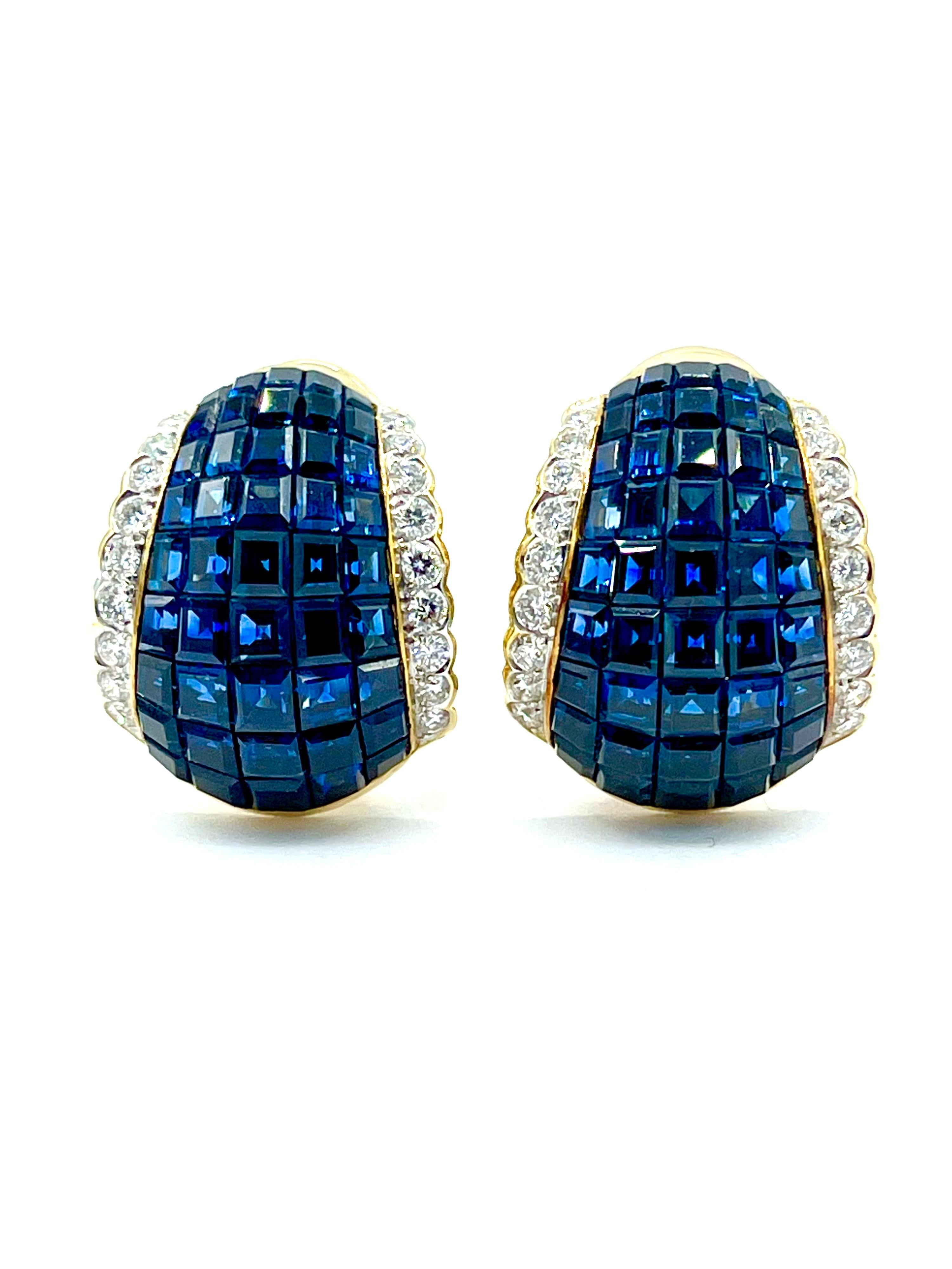A beautifully made pair of invisible set Sapphire and Diamond earrings in 18K yellow gold.  The earrings contain five rows of square cut Sapphires set between two rows of round brilliant cut Diamonds.  The 90 Sapphires have a total weight of 8.00
