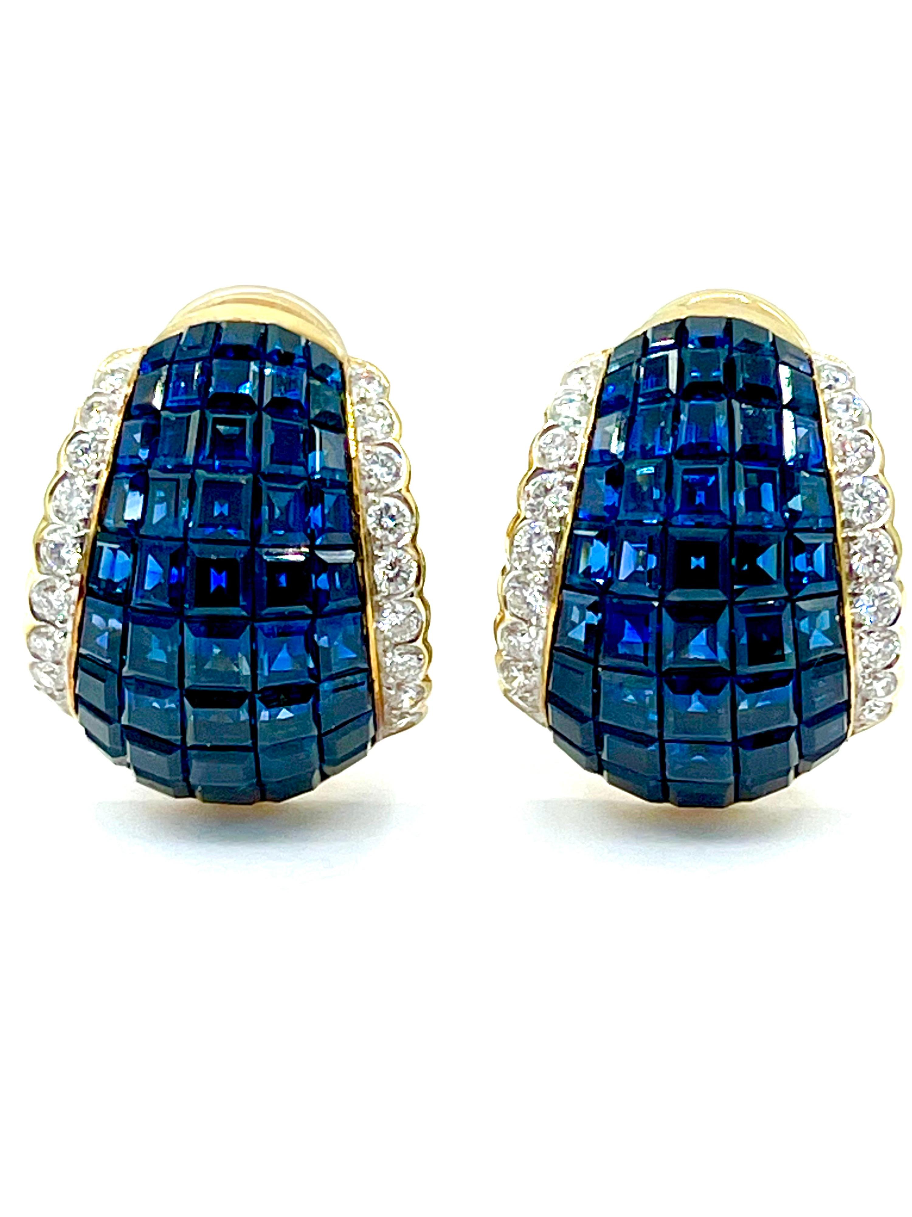 Retro 8.00 Carat Invisible Set Sapphire and Diamond Clip Earrings with Fold Down Post For Sale