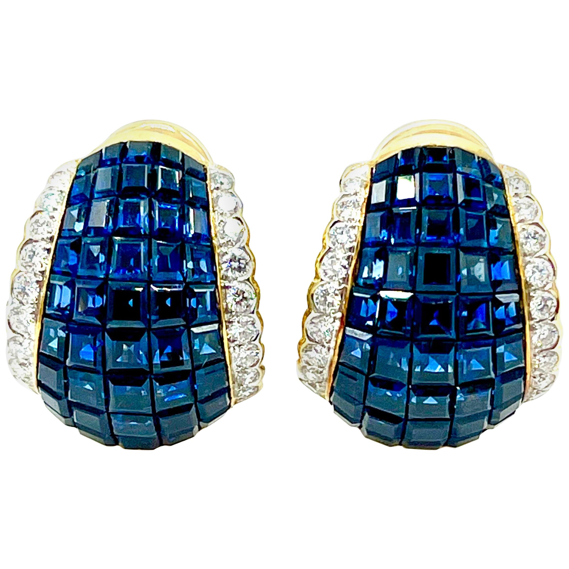 8.00 Carat Invisible Set Sapphire and Diamond Clip Earrings with Fold Down Post