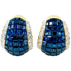 Vintage 8.00 Carat Invisible Set Sapphire and Diamond Clip Earrings with Fold Down Post