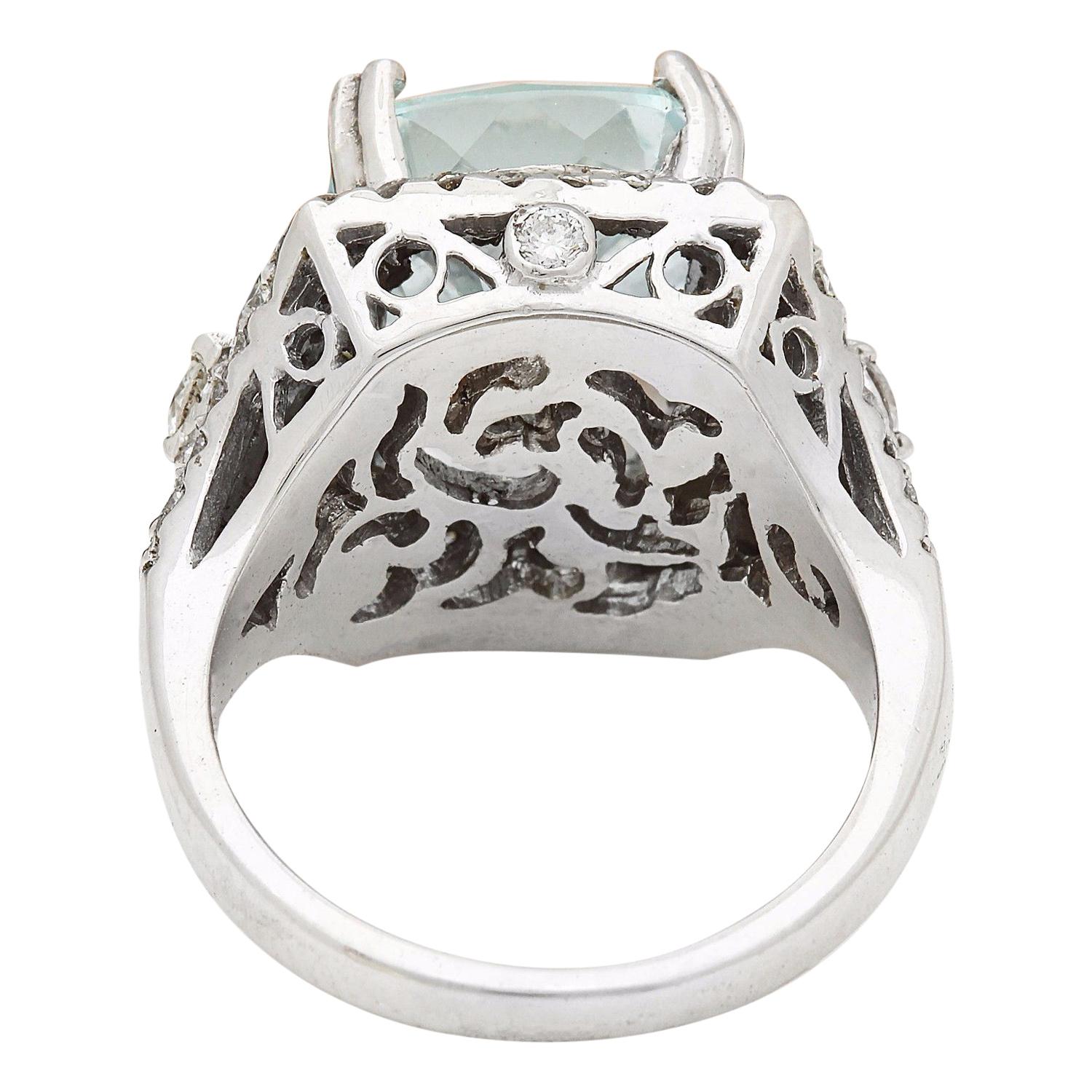 Cushion Cut Natural Aquamarine Diamond Ring In 14 Karat Solid White Gold  For Sale