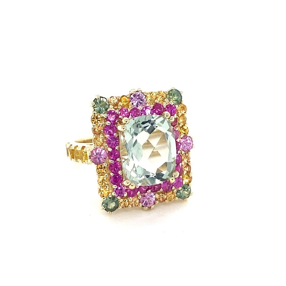 Taille coussin Bague cocktail en or jaune 8,00 carats améthyste verte naturelle et saphirs en vente