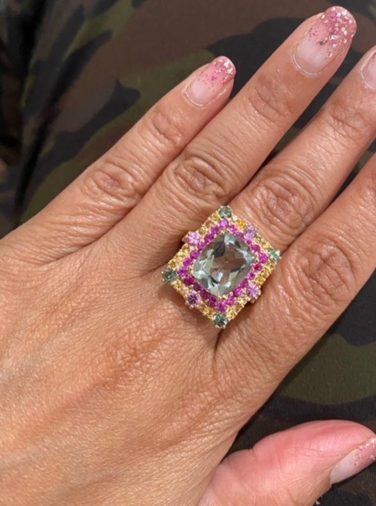 Bague cocktail en or jaune 8,00 carats améthyste verte naturelle et saphirs Pour femmes en vente