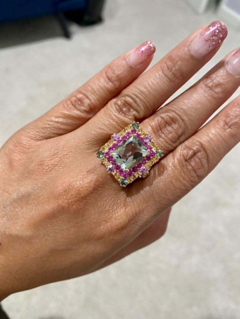 Bague cocktail en or jaune 8,00 carats améthyste verte naturelle et saphirs en vente 2