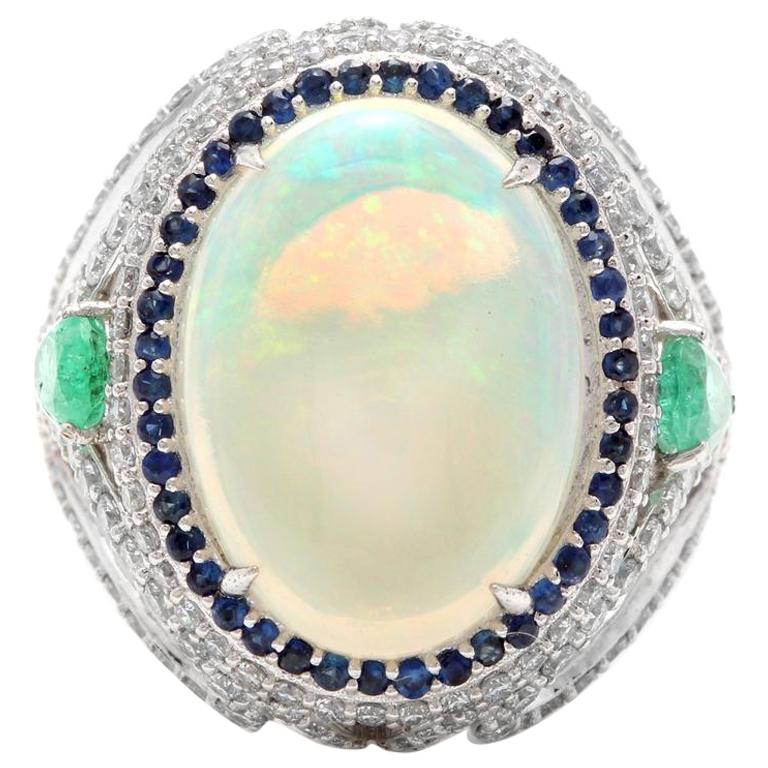 8.00 Carat Natural Impressive Opal, Sapphire, Emerald and Diamond 14 Karat Solid For Sale
