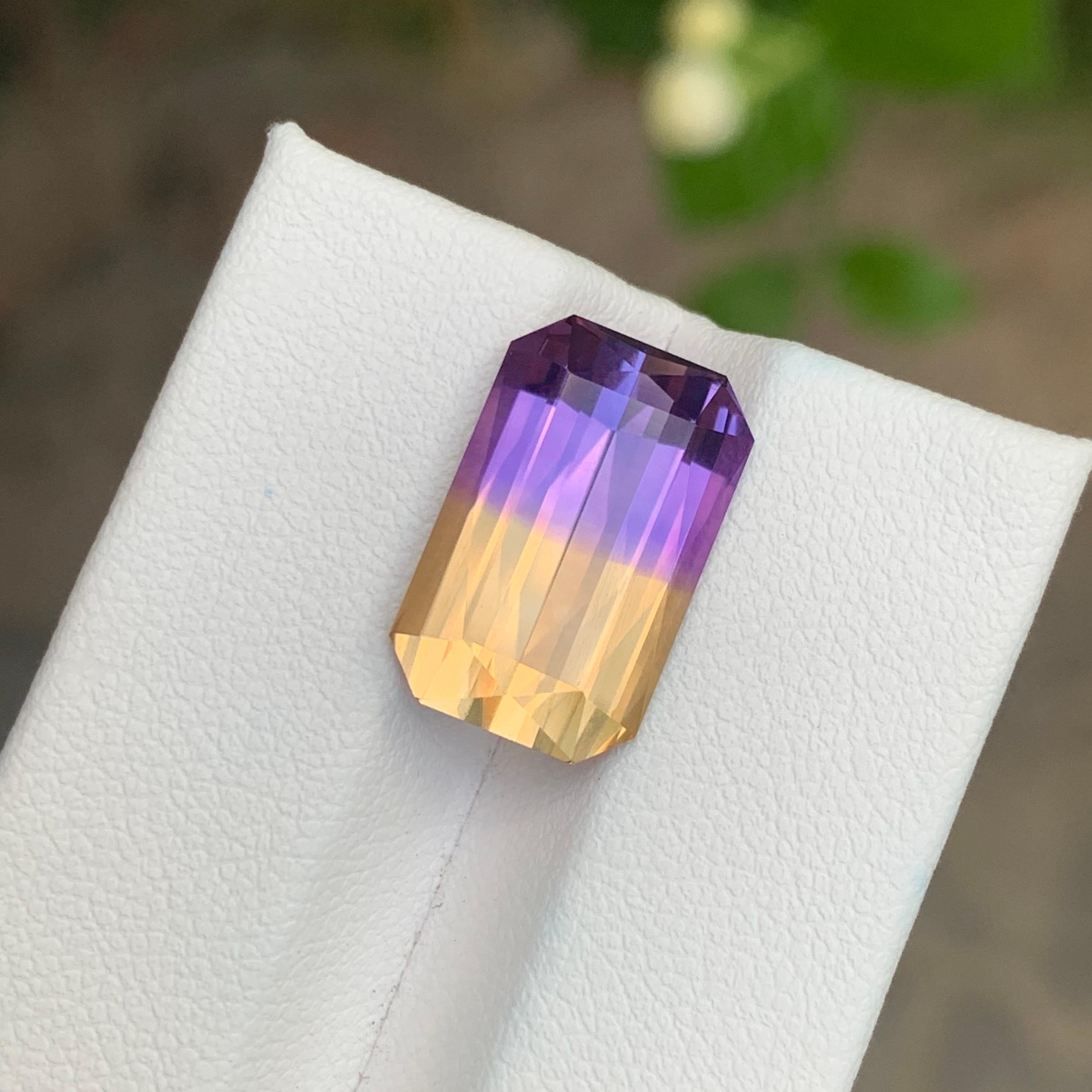 Amétrine �à facettes

Poids : 8,00 carats
Dimension : 15,9 x 10 x 6,9 mm
Forme : Émeraude 
Couleur : violet et jaune
Traitement : Non
Certificat : Sur demande du client
.
L'amétrine est une pierre précieuse unique et frappante qui combine l'améthyste