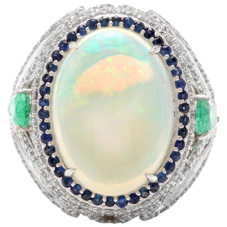 8.00 Carat Natural Opal, Sapphire, Emerald and Diamond 14 Karat Solid Gold Ring For Sale