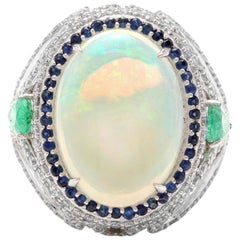 8.00 Carat Natural Opal, Sapphire, Emerald and Diamond 14 Karat Solid Gold Ring