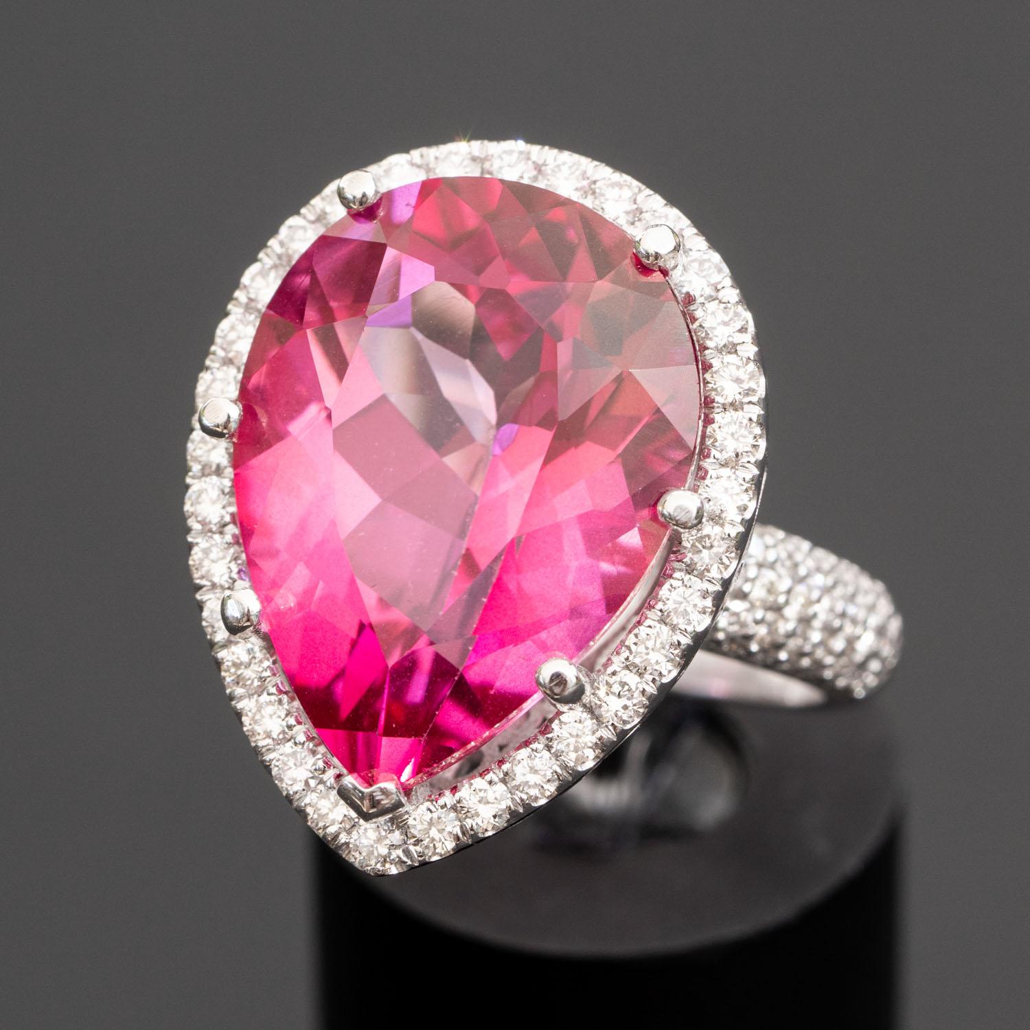8,00 Karat natürlicher rosa Topas Ring mit 1,20 Karat natürlichen Diamanten als Statement (Tropfenschliff) im Angebot