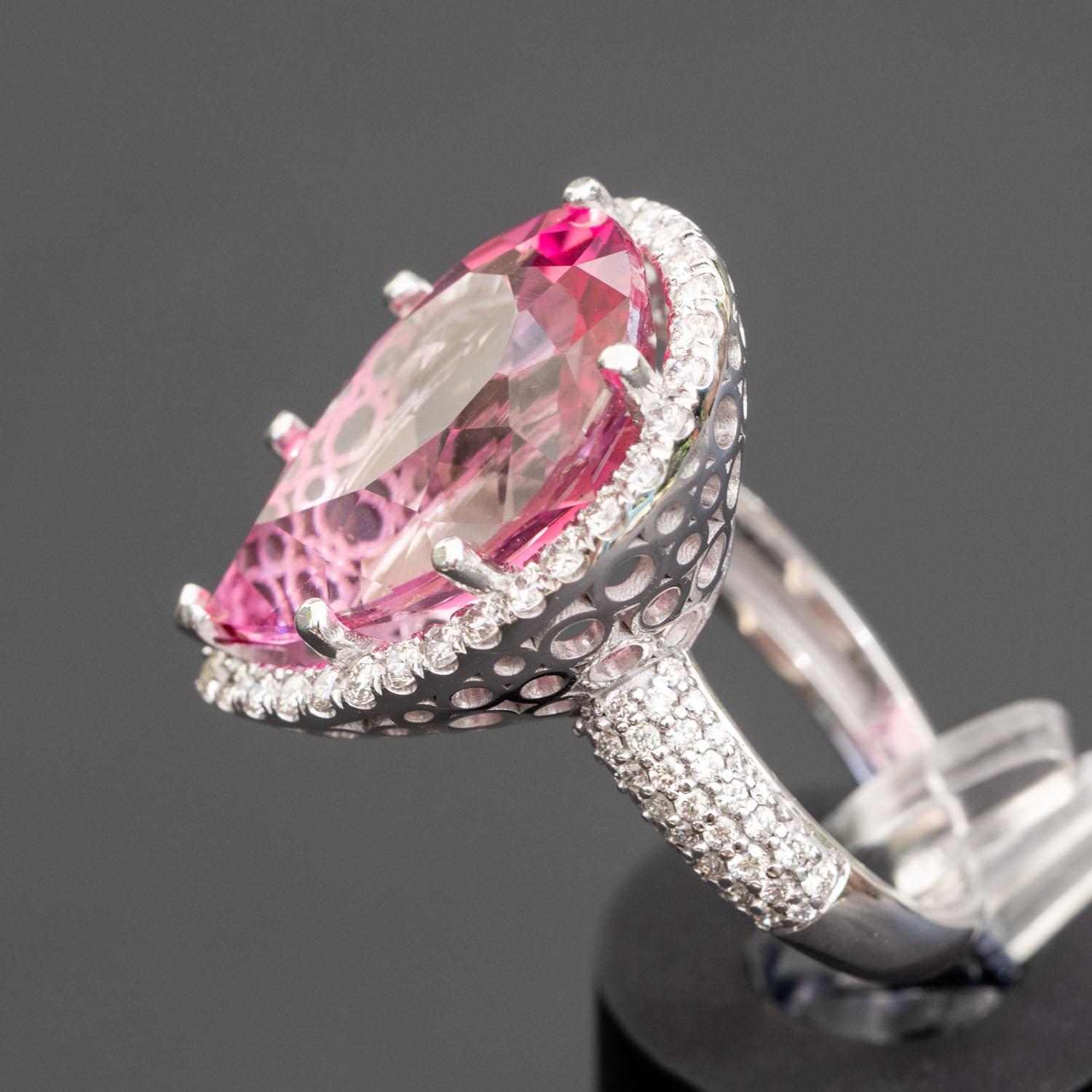Art Deco 8.00 carat natural pink topaz ring 1.20 carat natural diamonds statment ring For Sale