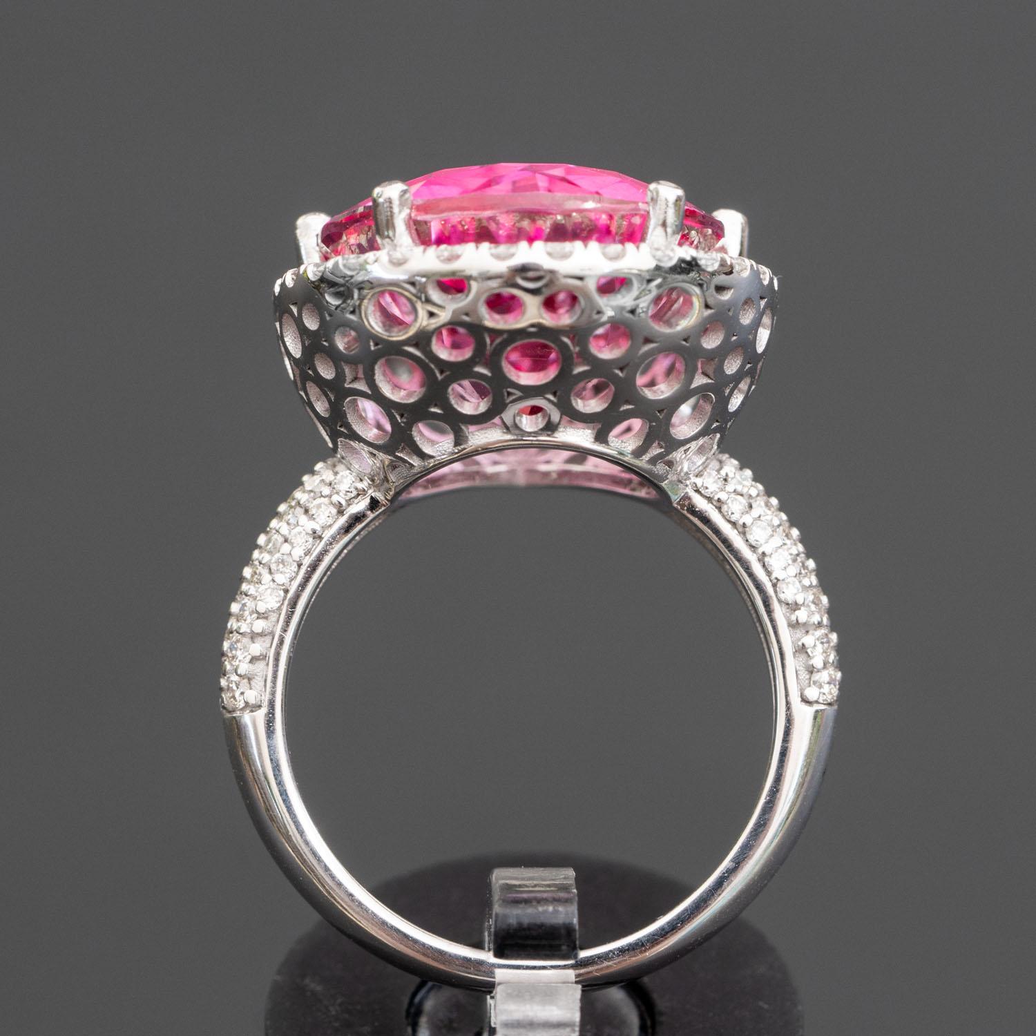 Pear Cut 8.00 carat natural pink topaz ring 1.20 carat natural diamonds statment ring For Sale