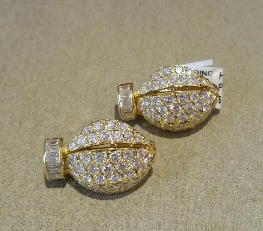 Round Cut 8.00 carat Pave Diamond Earrings with Rounds and Baguettes in 18k Yellow Gold For Sale