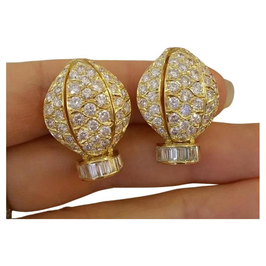 8.00 carat Pave Diamond Earrings with Rounds and Baguettes in 18k Yellow Gold For Sale