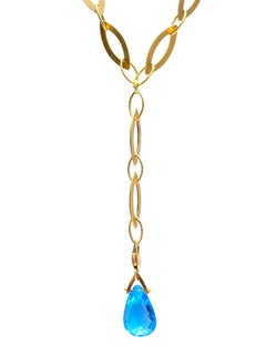 8.00 Carat Pear Shape Blue Topaz Drop Pendant Necklace 18k Yellow Gold