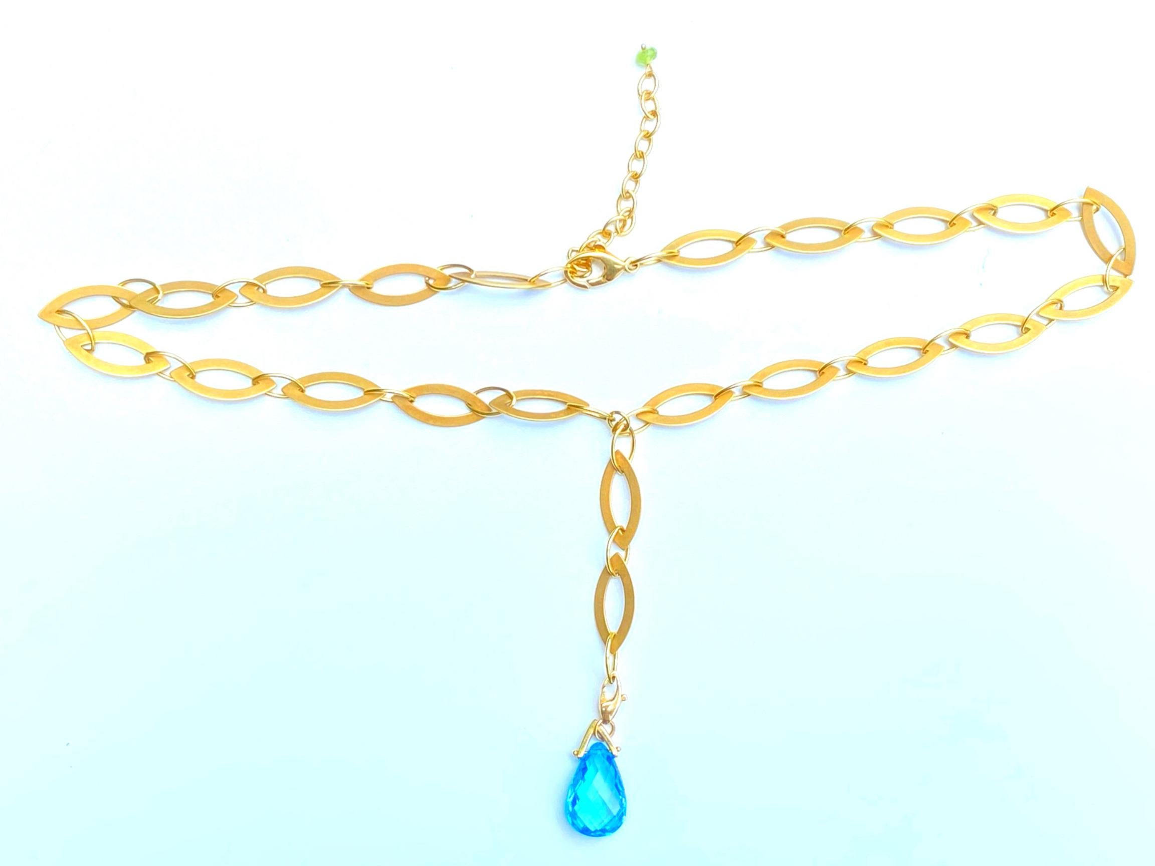 Women's or Men's 8.00 Carat Pear Shape Blue Topaz Drop Pendant Necklace 18k Yellow Gold For Sale