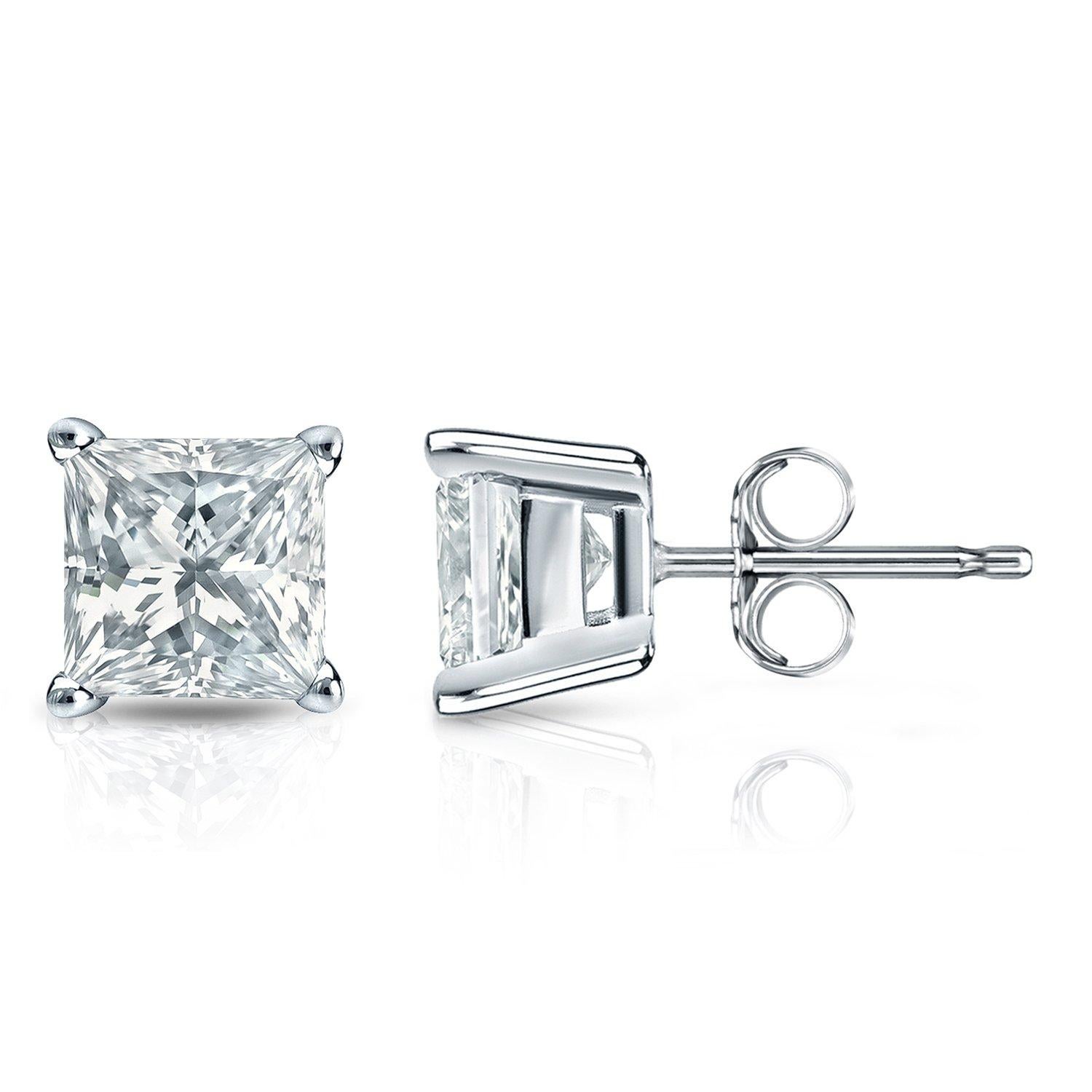 Each Stone is 4.00 carat which makes the total of 8 carat. The quality of the diamonds are H I color with SI clarity . The classic princess cut diamond stud earrings comes in three different settings. The first and second pictures are four prongs,