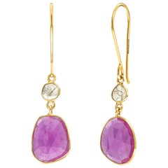 Boucles d'oreilles artisanales en or jaune 18 carats avec diamants et rubis taille rose de 8,00 carats