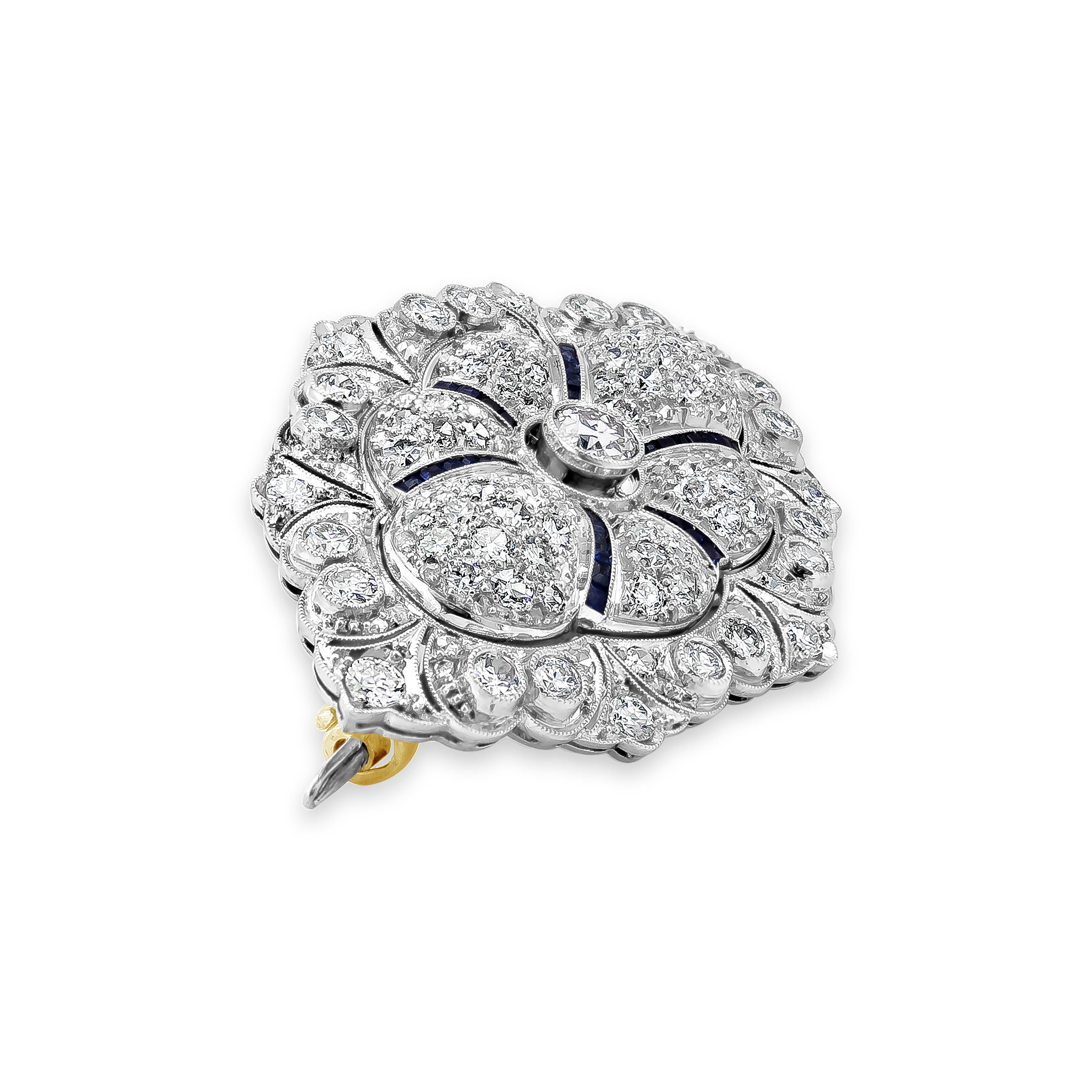 Art Deco 8.00 Carats Total Round Diamond and Sapphire Brooch in White and Yellow Gold For Sale