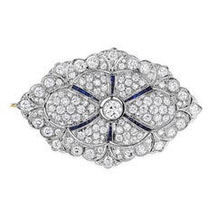 8.00 Carats Total Round Diamond and Sapphire Brooch in White and Yellow Gold