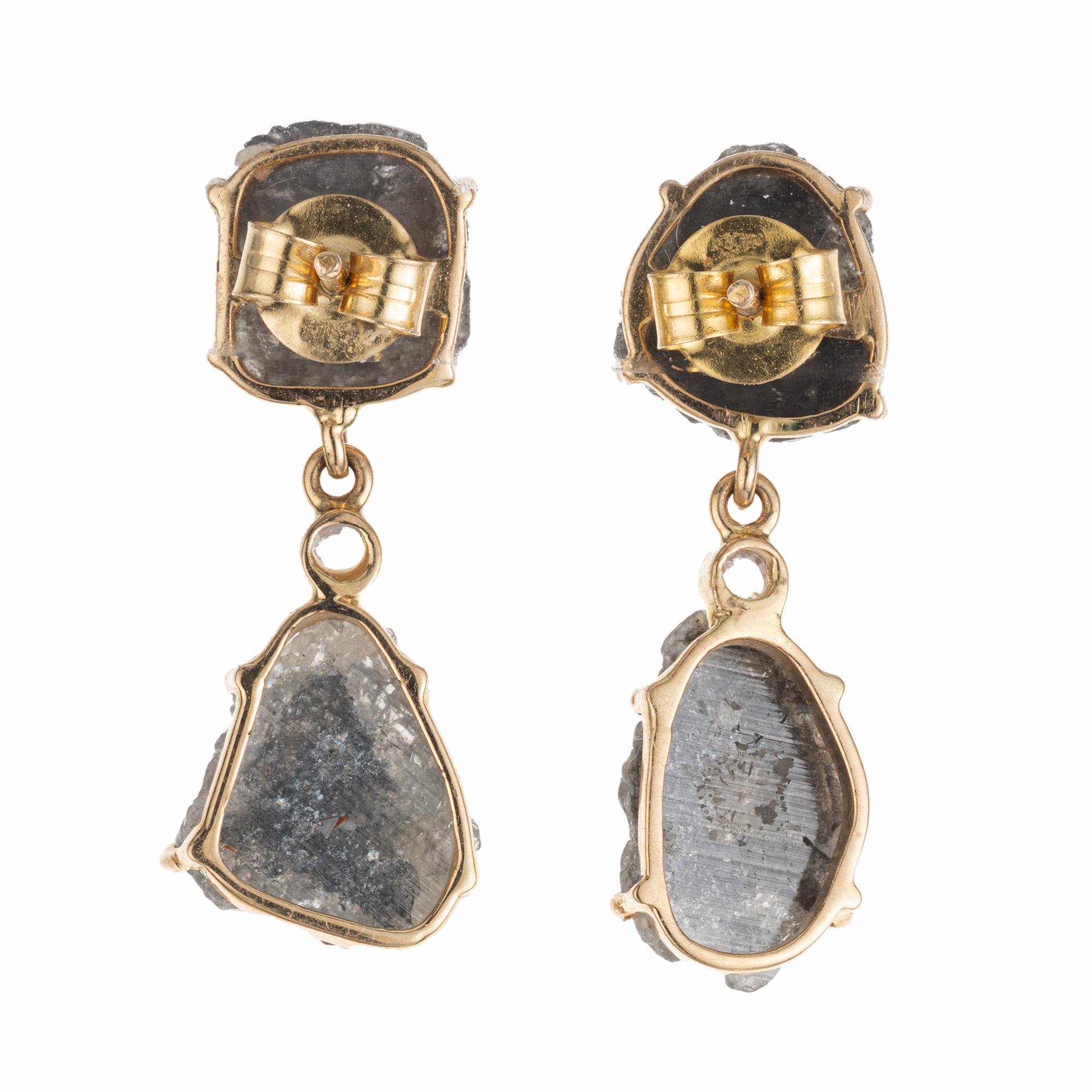 Rough Cut 8.00 Carat Rustic Salt and Pepper Yellow Gold Dangle Earrings  For Sale