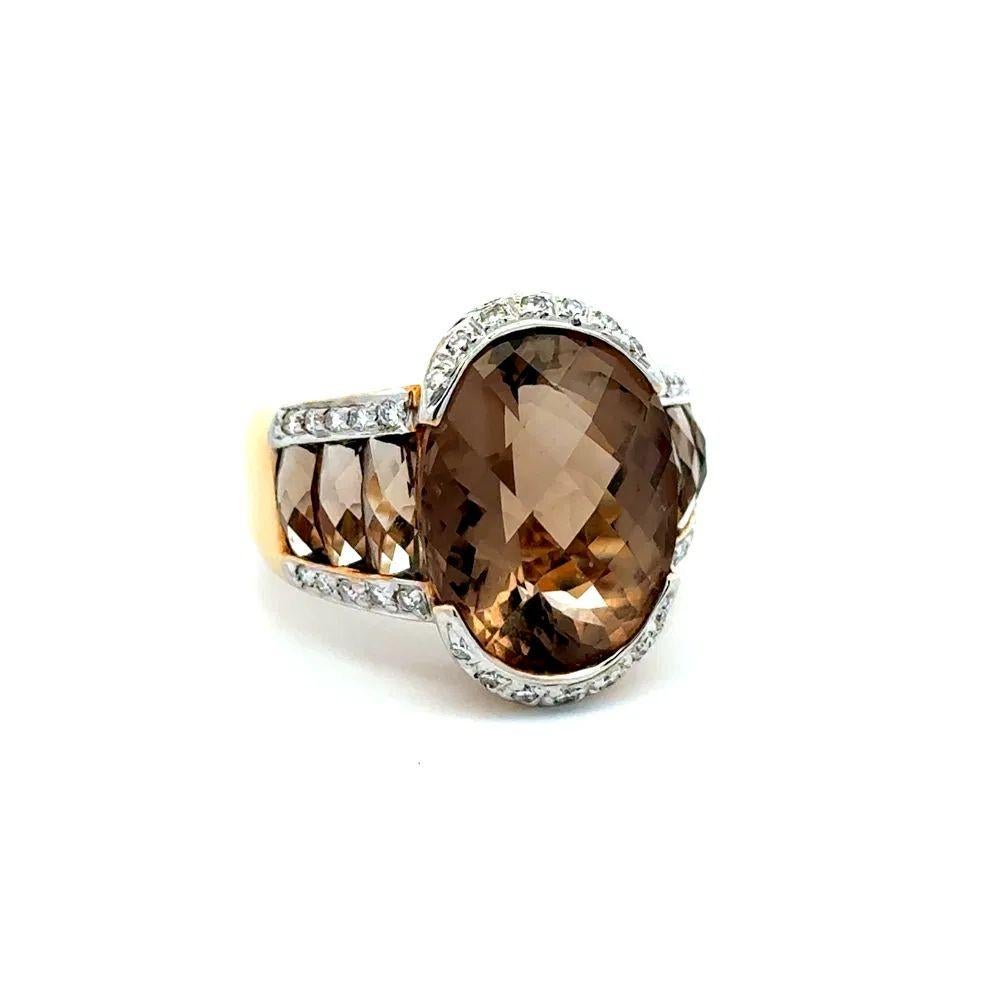 Simply Beautiful! Smokey Quartz, and Diamond Statement Cocktail Ring. Centering a securely Hand set an 8.00 Carat Smokey Quartz surrounded by Round Brilliant Cut White Diamonds, weighing approx. 0.30tcw and accented by 3.00tcw Quartz. Hand crafted