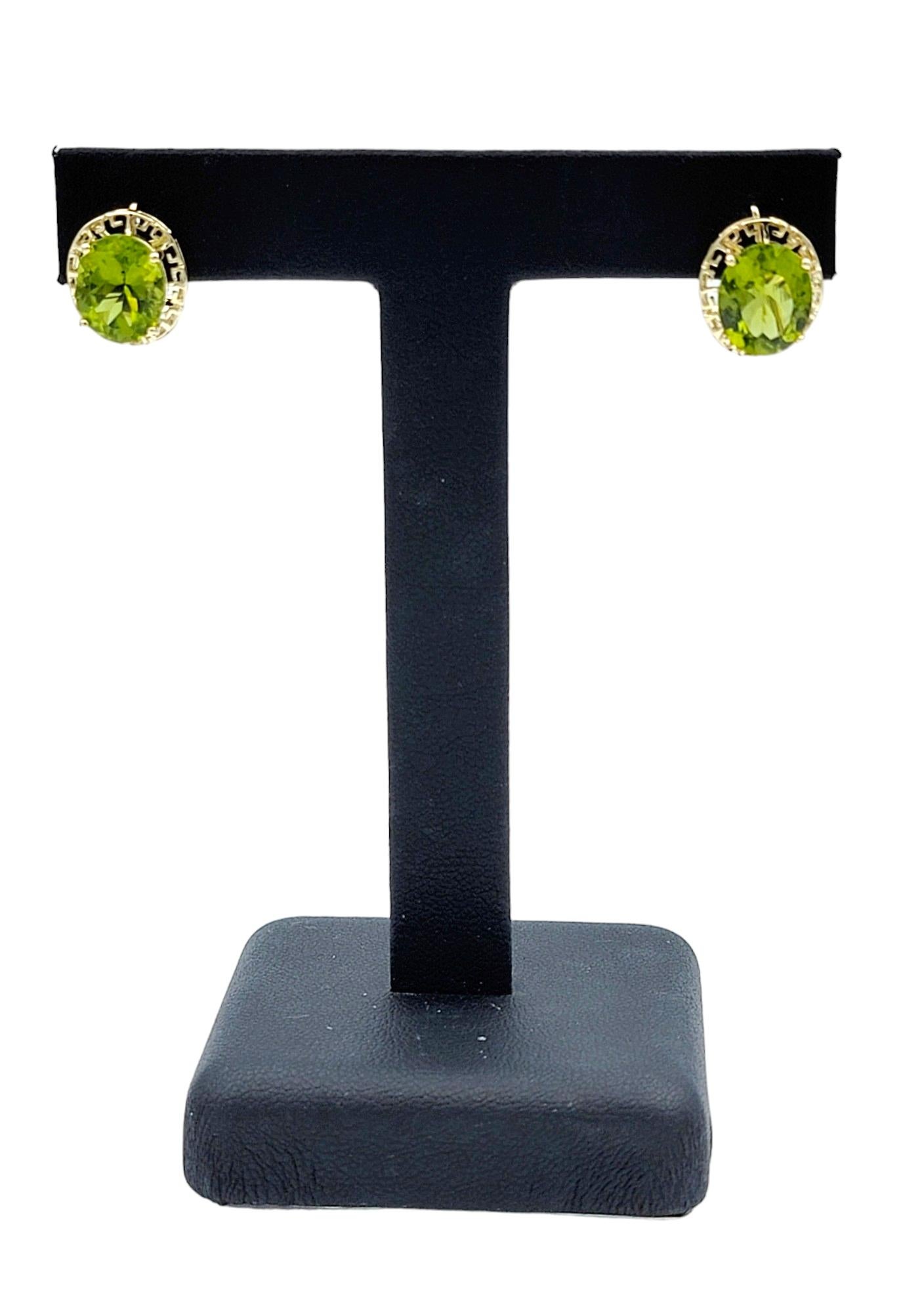8.00 Carat Total Oval Cut Green Peridot Stud Earrings in 14 Karat Yellow Gold For Sale 4